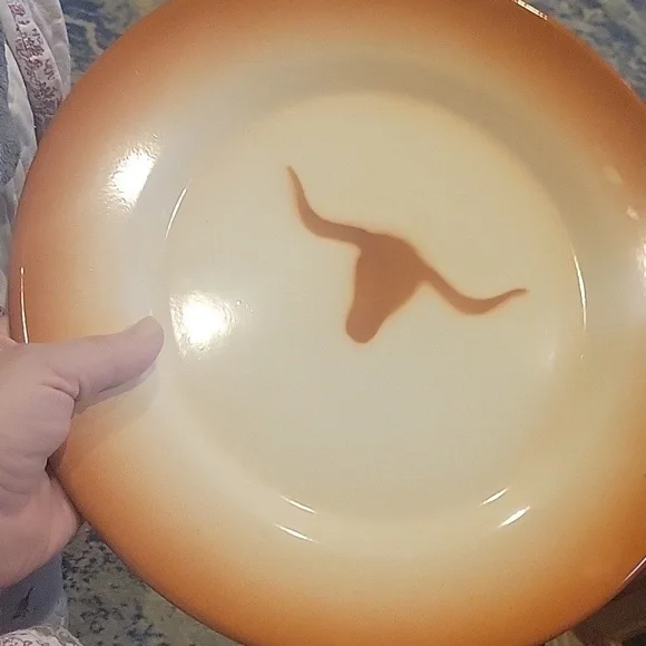 Western Bull/ Enamal/ Metal Base Lg.Dinner Plate Set/7, Apprx.12 In.EUC - Picture 2 of 3